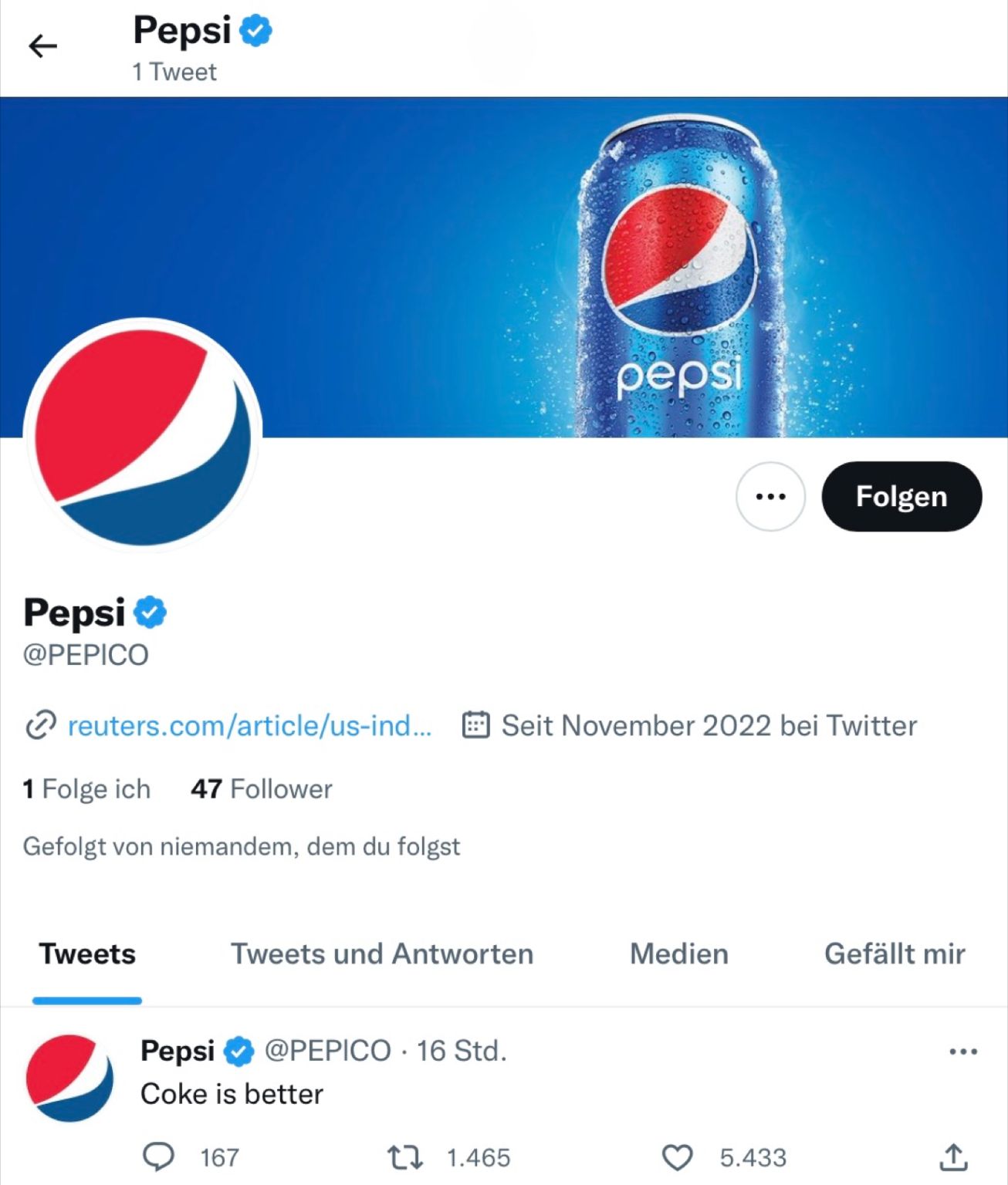 Screenshot Fake Pepsi Account auf Twitter